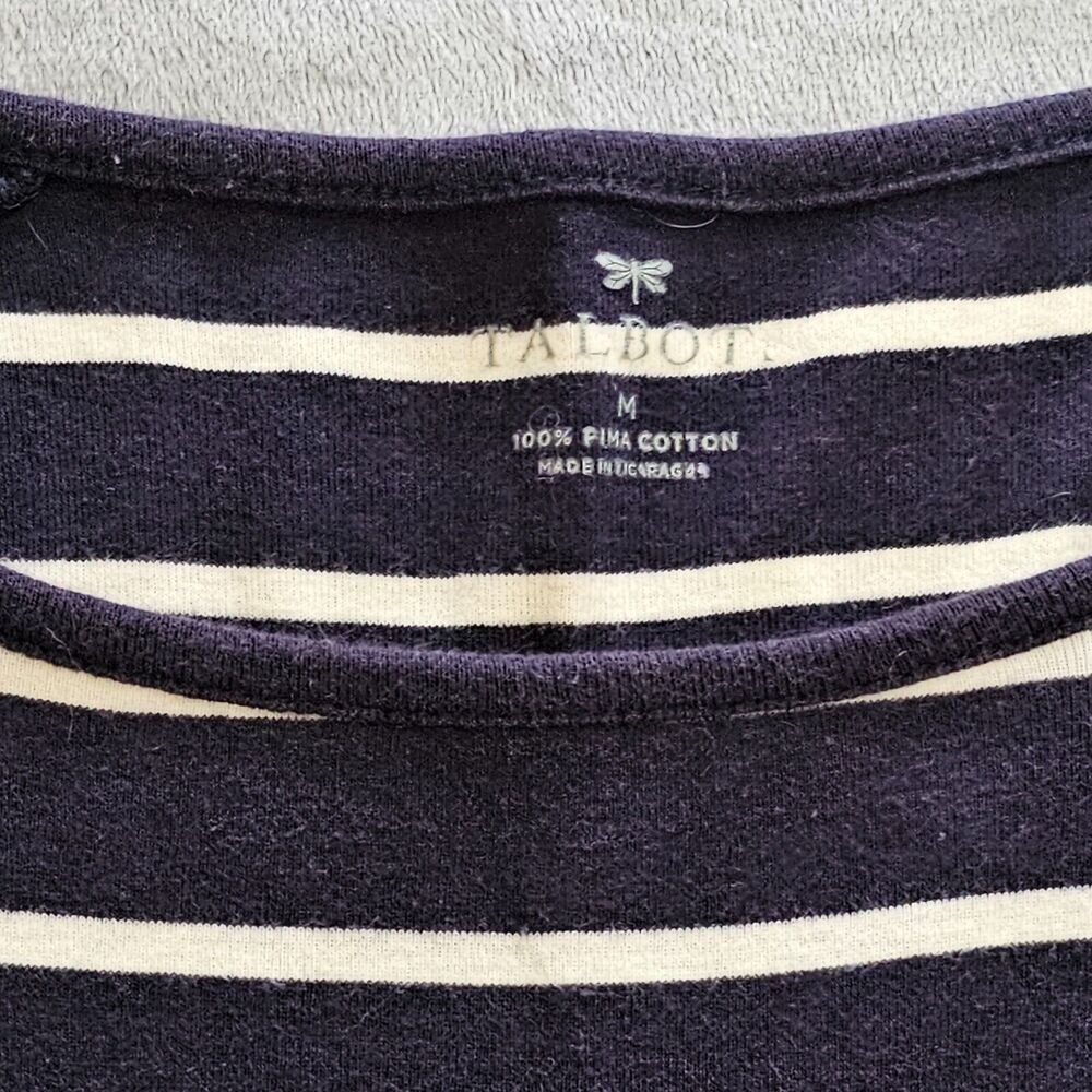 Talbots Top Women Medium Blue Pima Stripe Button Round Neck 3/4 Sleeve Nautical - Picture 3 of 10